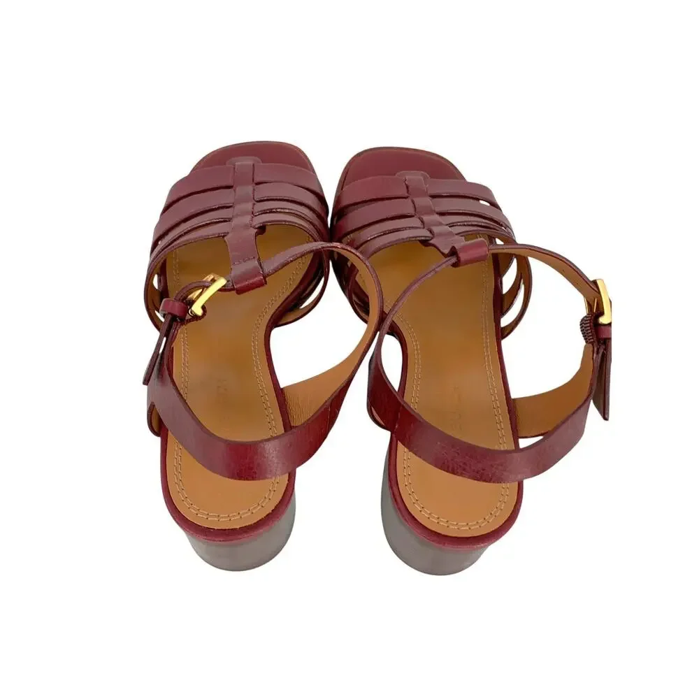 TORY BURCH Leather Fisherman Block Heel Sandals Claret Red Womens US 5.5